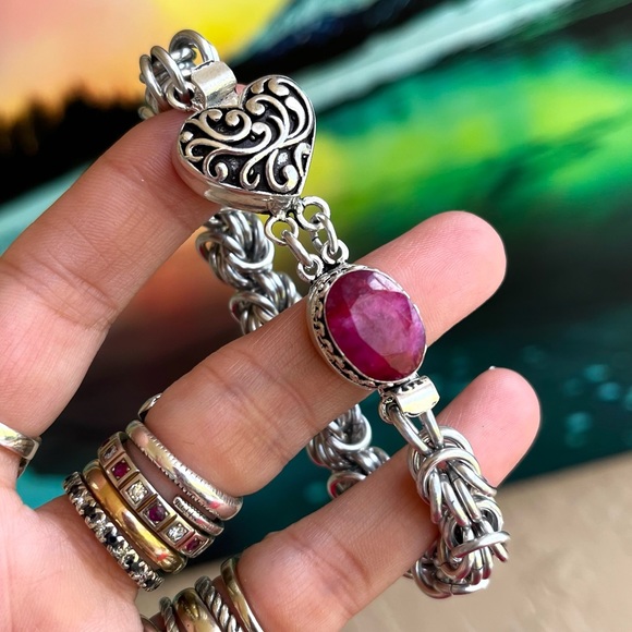Handmade maille link bracelet . Indian ruby gem clasp heart love boho silver - Picture 2 of 14